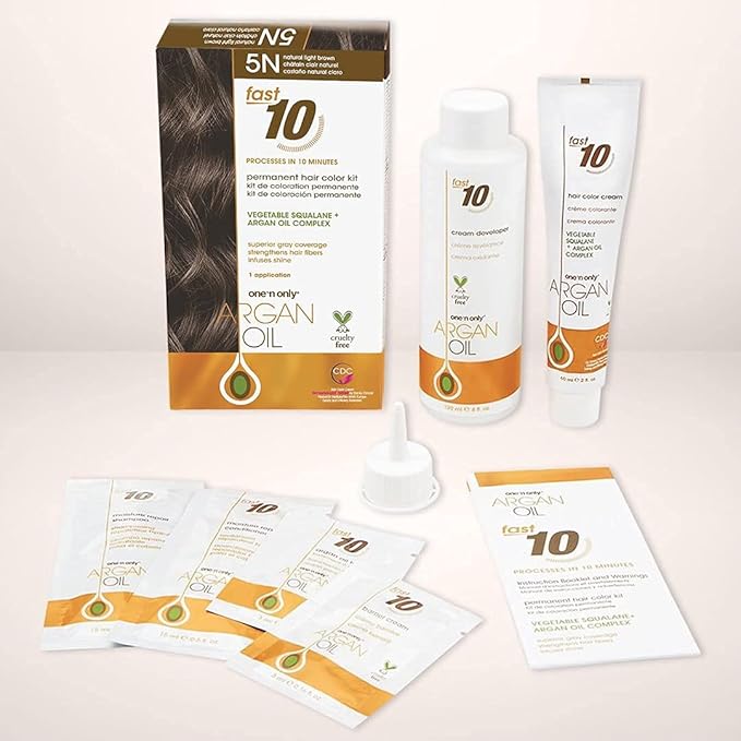 One 'N Only Fast 10 Permanent Hair Color Kit - Hair Dye for Women with Argan Oil to Maintain Moisture Balance - Advanced Micro-Pigments for Natural Tones (5N Natural Light Brown)