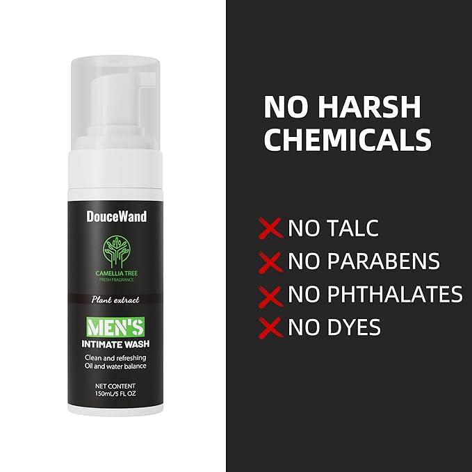 DouceWand Men's Intimate Wash - Foaming Groin Cleanser for Daily Hygiene & Odor Control - Enriched with Tea Tree Oil, Aloe & Camellia Extract - pH Balanced, Refreshing Body Wash for Athletes - 5 Fl Oz