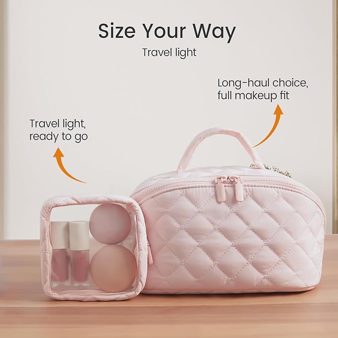 2026 New Travel Makeup Bag,Wideopen Toiletry Bag for Women, 180° Lay-Flat Water-Resistant Large Cosmetic Case, Puffy Padded Travel Organizer for Toiletries & Brushes Large Capacity with Compartments