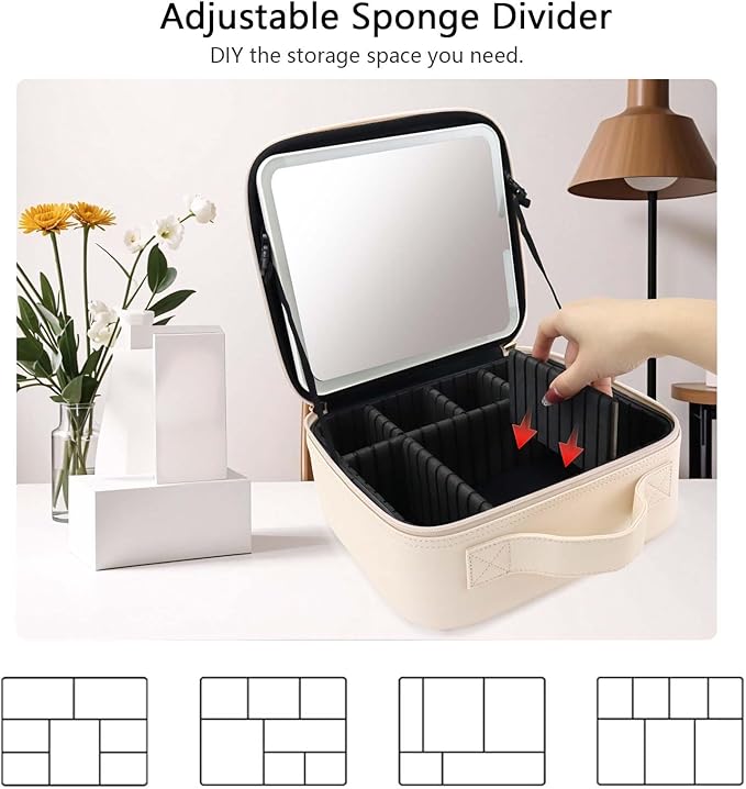 SLUMAZI Travel Makeup Bag with LED Mirror Travel Makeup Organizer with 3 Lighted Settings, Adjustable Dividers and Makeup Brush Storage Bag White