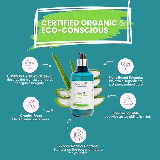Aquatural Organic Aloe Vera Liquid for Face & Body - Aloevera for Sunburn, Dry Skin - Paraben Free & Dye Free - Natural Moisturizer for Babies & Adults - Moisturizing Aloe Liquid (16.9 fl oz)