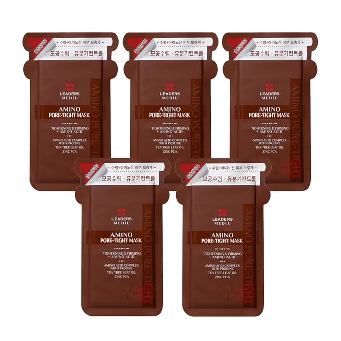 Leaders Mediu Amino Pore-Tight Facial Sheet Mask | Amino Acid Complex, Tea Tree Oil, Zinc PCA for Acne-Prone, Oily Skin, Minimizes Pores, Matte Finish (5 Sheets)