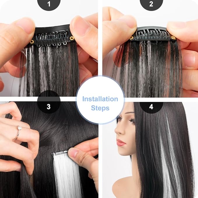 Colored Hair Extensions 14 PCS, 22 In Black and White Clip in Hair Extensions Party Highlights, White Black Long Straight Synthetic Hairpieces for Girls Women Kids Gift(Black White)