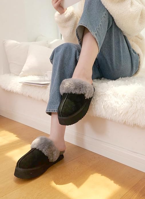Parfeying Women's Shearling Slippers Genuine Leather with Rubber Sole, Sheepskin Fuzzy Indoor Outdoor Shoes for Home