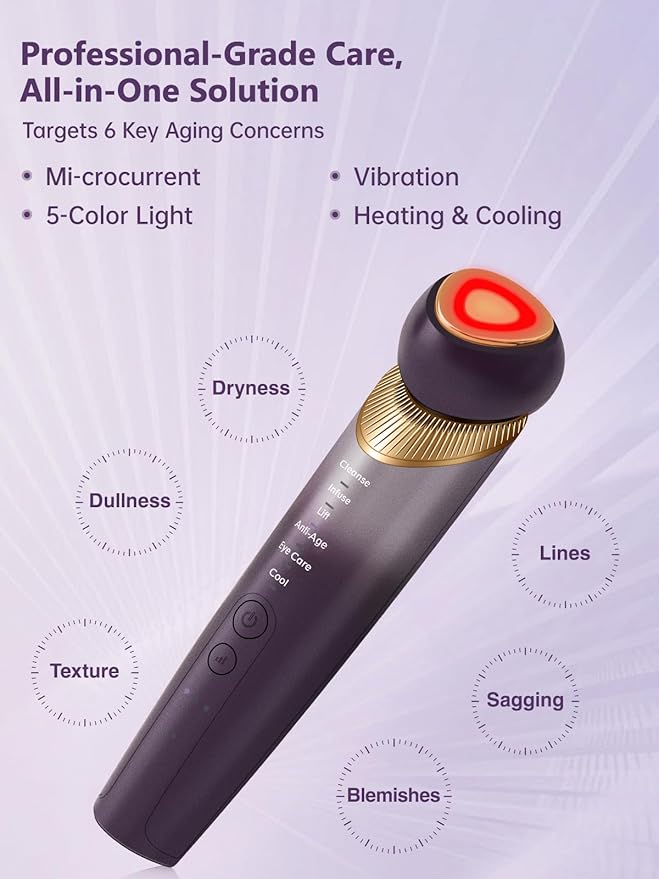 Yuonry 6-in-1 Age-Defying - Eye, Face & Neck Lift & Firm, 5-Color Light Therapy for Face with Microcurrent, Vibration, Heat & Cooling, Skin Care Tool for Youthful & Tightening Skin (Purple)