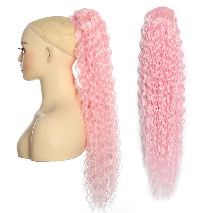 Deep Wave Ponytail Extension for Women 12 Inch Light Pink Curly Wavy Ponytail Hair Extensions Drawstring with Clips Short Synthetic Hairpiece for Daily and Party