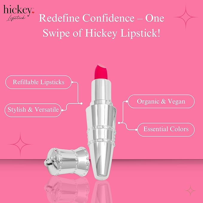 Hickey Lipstick Set - Walk of Shame (Hot Pink), Refillable Silver Case with Chain, Satin Pouch & Ribbon (Wearable Necklace), Long Lasting Hydrating Velvet Finish Lipstick for Women, Vegan, Gluten-Free