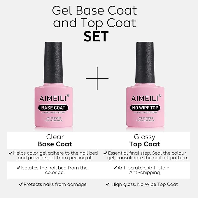 AIMEILI Gel Nail Polish No Wipe Top and Base Coat Set Shine Finish Long Lasting Soak Off Gel Nail Lacquer - 2 x 10ml