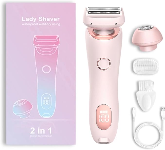 2 in 1 Electric Razors for Women, Electric Shaver for Women Bikini Trimmer, Portable Electric Razors Wet & Dry Use, Removable Head, Multifunctional Full-Body Shaving (Pink)