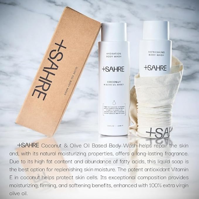 +SAHRE Natural Body Wash – Olive Oil & Coconut | Antioxidant-Rich | Vegan, Paraben-Free | 13.5 fl oz