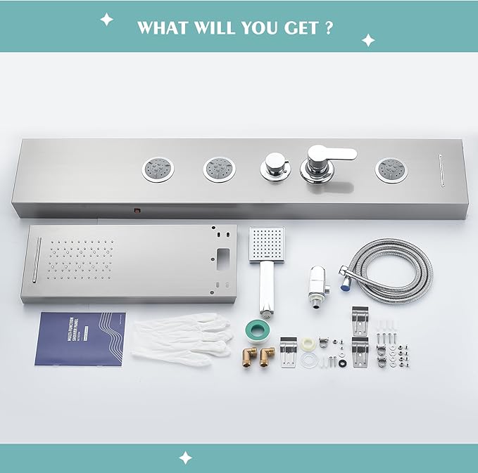 KINKIB LED Shower Panel Tower System, 6-in-1 Shower Tower with Rainfall Waterfall Shower Head, 2 Modes Powerful Body Jets, Handheld Shower and Tub Spout, Stainless Steel Shower Column, Brushed Finish