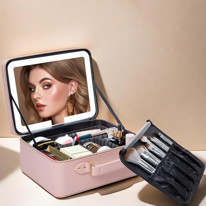 ZhenGuiRu Makeup Bag with LED Mirror, Portable Makeup Artist Organizer Case with Lighted Mirror, Travel Makeup Bag for Women Cosmetic Brush Holder Storage, Pink Makeup Gift for Girls