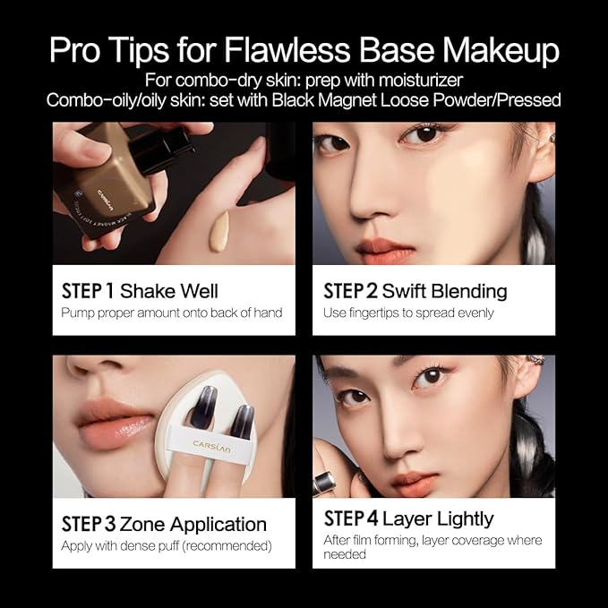 CARSLAN Black Magnet Liquid Foundation, 24H Longlasting Matte Finish Face Base Makeup, Waterproof, Smudgeproof, Buildable, Full Coverage Natural Finish, 30ml/1.05 Fl Oz, W01 For Warm Beige Skin