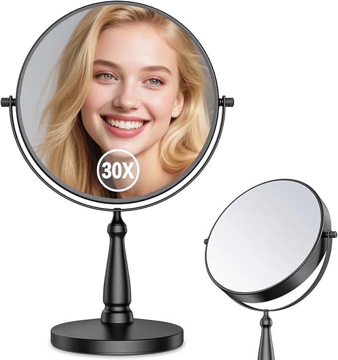 30X Magnifying Mirror, Vanity Mirror Tabletop for Women, Metal Makeup Mirror with Magnification, Desk Mirror with Stand for Home & Office Decoration, Great Gift Option, 8 Inch, Black