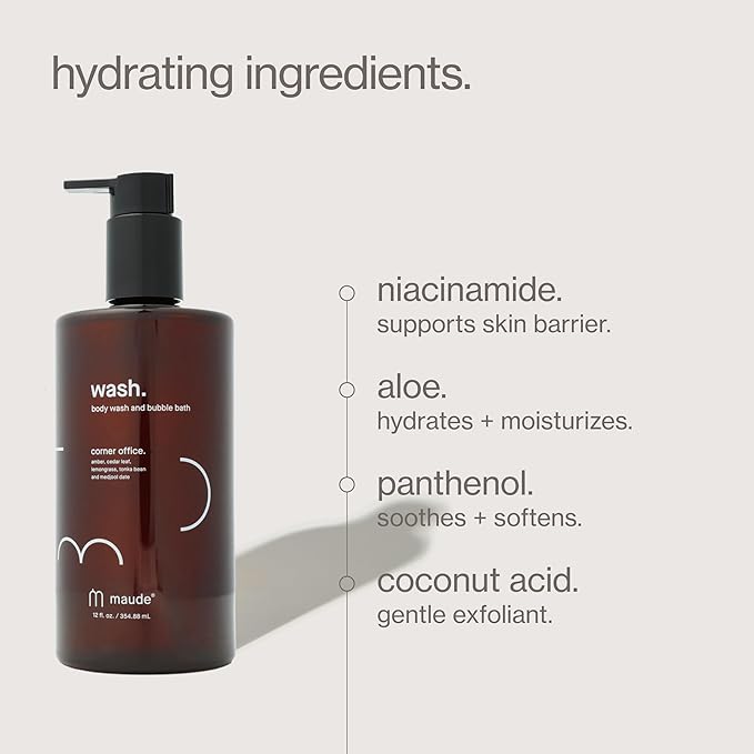 MAUDE Wash - pH Balanced Moisturizing Body Wash - Unscented Body Soap & Bubble Bath - With Smoothing Niacinamide & Aloe - Gentle Everyday Shower Gel & Relaxing Bath Soap - No.0 (12 oz)