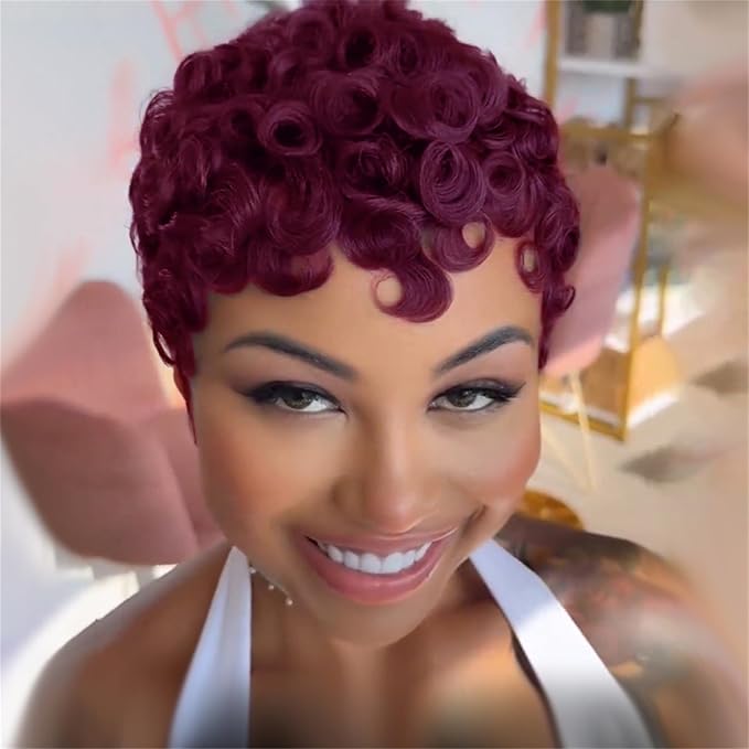Short Curly Pixie Wig for black women human hair Burgundy Wine Red Color Short Layered Curly Wigs Glueless 99J No lace front Human Hair Pixie Cut Wig