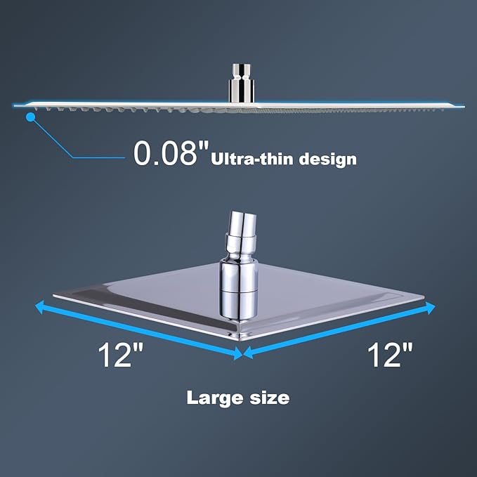 12 Inch Rain Shower Head, High Pressure Stainless Steel Bath Shower, Ultra Thin Rainfall Showerhead Waterfall Body Covering