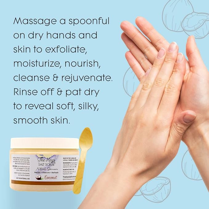 The Keys Salt Scrub -Sea Salt Scrub - Exfoliating Body Scrub with Wooden Spoon - Moisturizing Exfoliator for Hands, Foot, Bath, (12 Ounce (Pack of 1), Coconut)