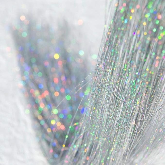 47" Holographic Hair Tinsel Kit - Shining Silver Professional Sparkle Heat-Resistant Silk Hair Extensions - Party Hair, Gifts for Girls (2200 Strands)