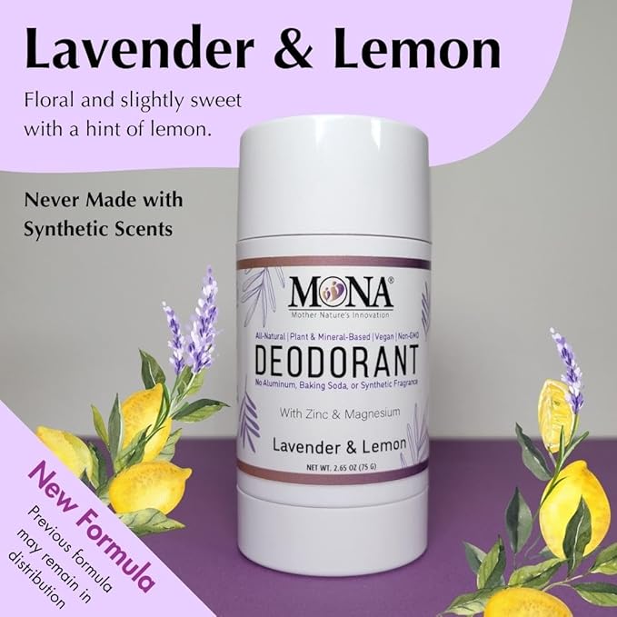 MONA BRANDS All Natural Magnesium Deodorant for Women & Men | Aluminum, Baking Soda, & Synthetic Fragrance Free for Sensitive Skin (Lavender Lemon) 2.65oz