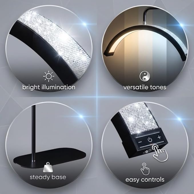 Bling Half Moon Lash Light | Dimmable LED Diamond Esthetician Light for Eyelash Techs - LED Floor Lash Lamp with Adjustable Height, Touch Control & Stable Base | Warm & Cool Tones | Black