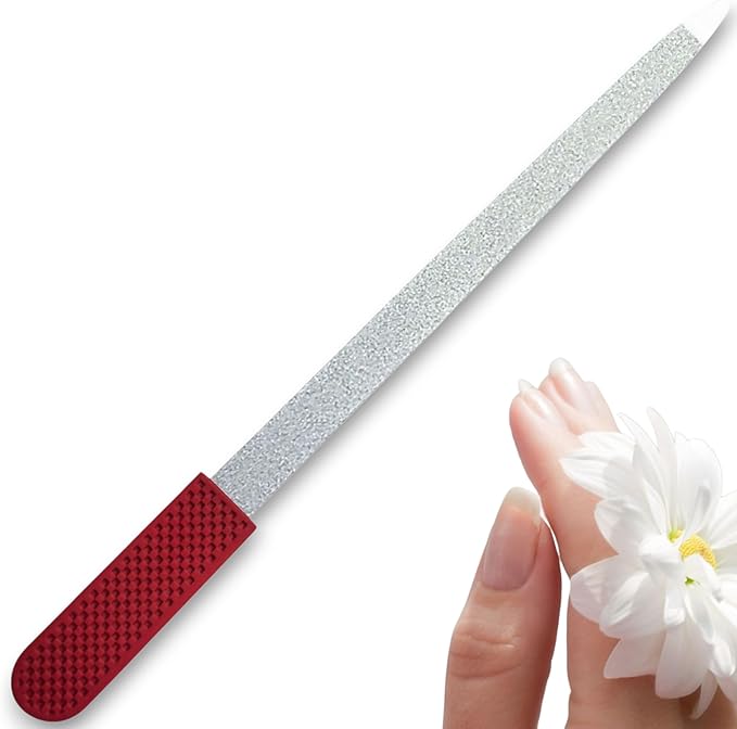 Professional Sapphire Ruby Red Nail File – 6.7" Stainless Steel, Double-Sided Metal File, Ergonomic Non-Slip Handle, for Natural, Gel, Acrylic Nails, Manicure & Pedicure Tool