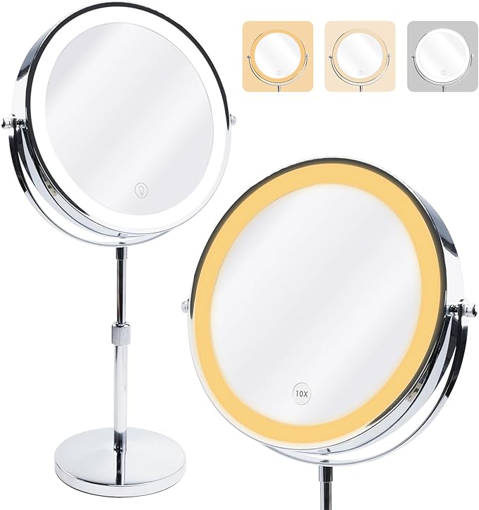 DANOPLUS Makeup Mirror with Lights, 9" Large Magnifying Mirror with 1X/10X, 360°Rotation Vanity Mirror, 3 Color Brightness Adjustable Light Up 5000mAh Rechargeable, Double-Sided, Gift for Women