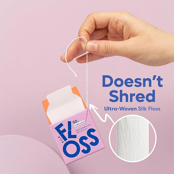 Vegan Bamboo Silk Floss - Pure Plastic Free Woven Dental Floss Thread | Zero Waste Eco-Friendly Oral Care | Natural PFA Free String for Adults & Kids Tight Teeth | Soft Easy Glide - Unflavored 55yds