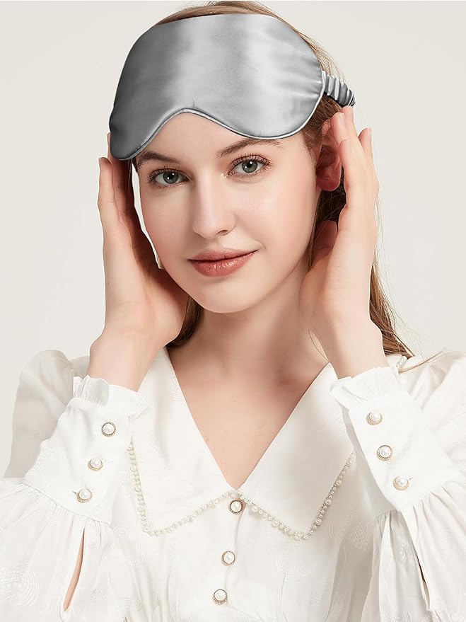 SILKTALE 100% Mulberry Silk Eye Mask for Sleeping with Silk Wrapped Adjustable Strap,Silver Gray