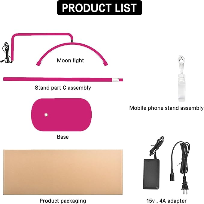 Bling Half Moon Lash Light | Dimmable LED Diamond Esthetician Light for Eyelash Techs - LED Floor Lash Lamp with Adjustable Height, Touch Control & Stable Base | Warm & Cool Tones | Hot Pink