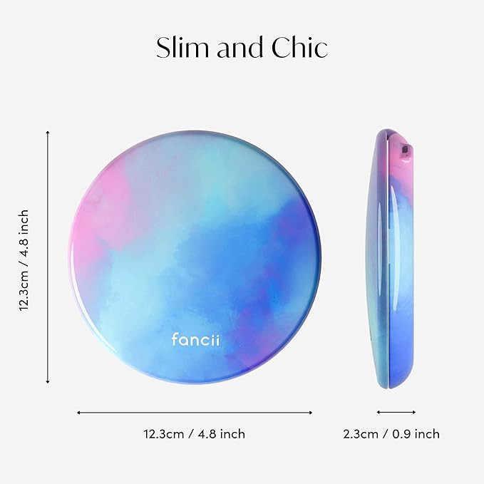 Fancii Taylor Travel Makeup Mirror with LED Light, Rechargeable, 10x /1x Magnifying & 3 Light Settings - Compact, Large 5” Wide Mirror for Handbag and Purses (Lavender Lagoon)