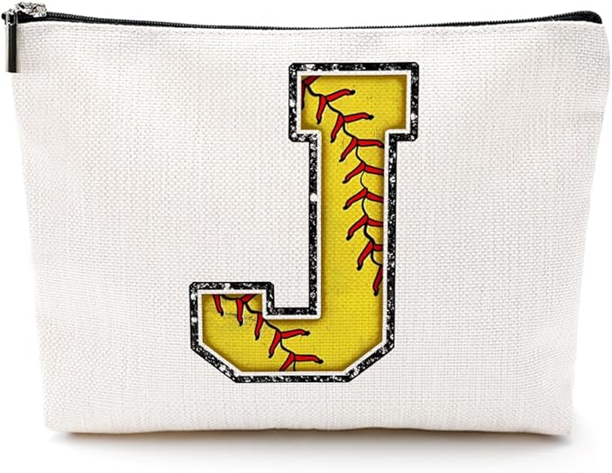 CQM Softball Gifts Initial Makeup Bag Monogrammed Cosmetic Bag Letter J Zipper Pouch Softball Accessories for Girls Women Player Coaches Friend Graduation Birthday Gifts