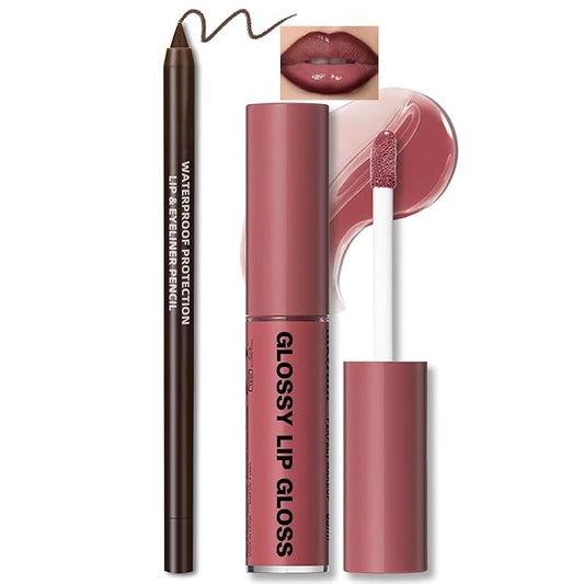 Nourishing Lip Gloss Moisturizing High Shine Fresh Lightweight Glossy Plumping Lip Combo for Women, Long Wear Lip Glow Oil with Brown Lip Liner Set Non-Sticky Liquid Lipstick Makeup#12