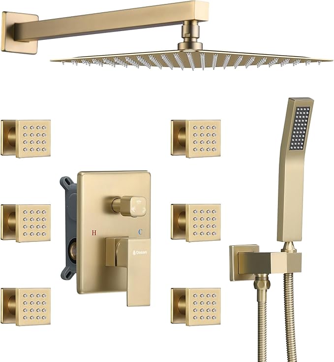 DASAN Full Body Shower System with 6 PCS Body Spray Jets & 12'' Rain Overhead Shower & Handheld, In-Wall Rain Shower System Brushed Gold Shower Faucets Sets Complete with Valve, SA-SS03ABG-S12W