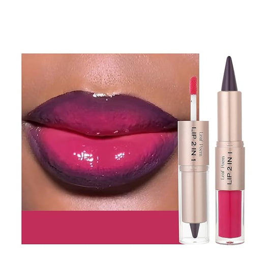 2-in-1 Double-Ended Matte Lip Liner & Lip Gloss Duo, Plum Berry Ombre Lip Combo Pencil, Lip Liner and Lipstick Gloss Set for Defined & Fuller Looking Lips (#08 Plum Berry Ombre)