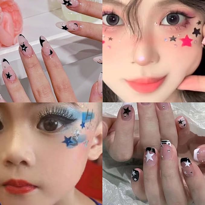 Star Nail Stickers 8 Sheets - Includes Holographic & Aurora Colors, Assorted Shades (Red, Black, Gold, Silver), Self-Adhesive Nail Decals for Women DIY Manicure