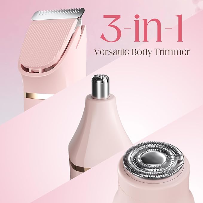 Bikini Trimmer for Women& Body Shaver – Cordless Electric Razor for Silky Smooth Skin | Replaceable Facial Razor Attachment | IPX7 Waterproof, Ceramic Blades & USB Charging Dock – Pink