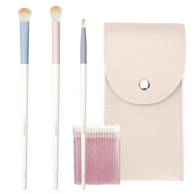 LULUCOLORS 3-Piece Eye Makeup Brush Set with 20 Cotton Sticks – Soft, Dense Synthetic Bristles, Professional Eyeshadow Blending Brushes for Smooth Application – Includes Storage Pouch