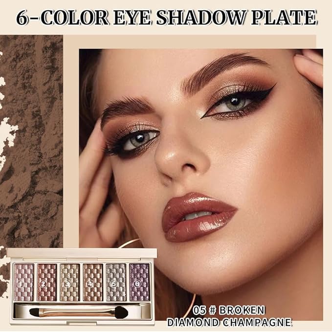6 Color Shimmer Eyeshadow Palette with Mirror & Brush, Neutral Metallic Glitter Eye Shadow, High Pigmented Long Lasting Pressed Powder for Daily Makeup & Travel，Paleta de Sombras