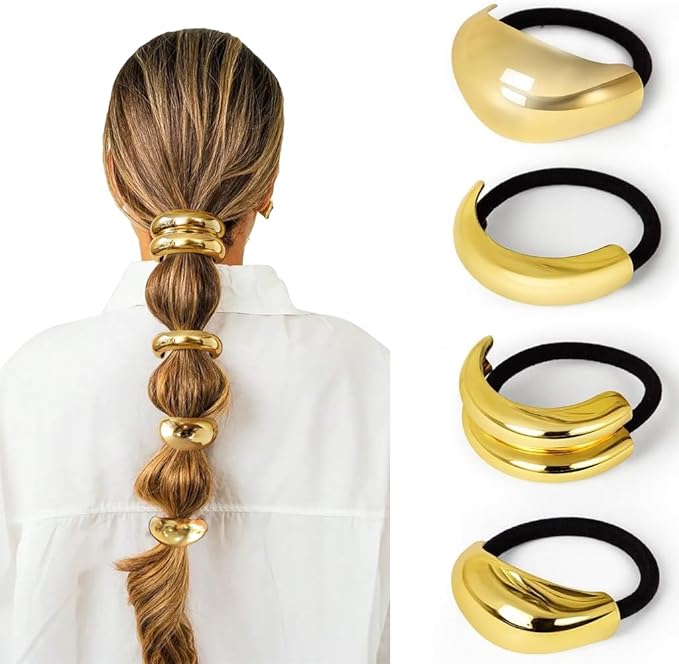 4 PCS Gold Hair Ties for Thick Thin Hair, Hair Accessories for Women Girls, Hair Cuffs Ponytail Holders