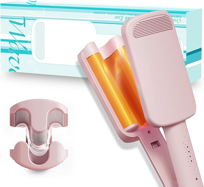 Waver Curling Iron Hair Crimper 1.25 Inch Crimper Hairs Tool with Ceramic 3 Barrel Ionic Deep Hair Waver for Women Hairs Curler for Long & Short, Easy to Use, Dual Voltage, Anti-Scald (Pink)