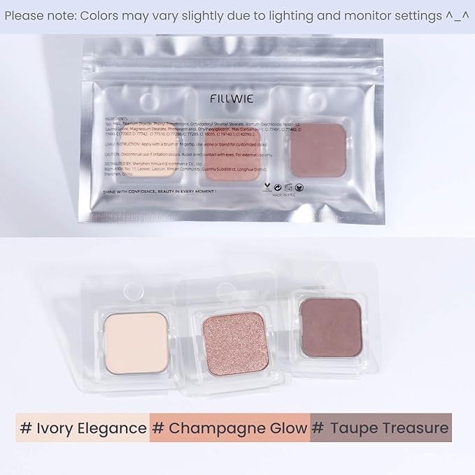 3-Color Magnetic Single Eyeshadow Set – Ivory, Champagne & Cool Brown, Matte & Shimmer, Highly Pigmented, Long-Lasting, Refill Pans, No Case, for Custom Magnetic Palettes