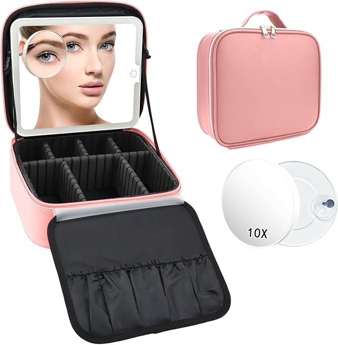 SLUMAZI Travel Makeup Bag with LED Mirror and 10x magnifying glass with 3 Lighted Settings, Adjustable Dividers and Makeup Brush Storage Bag Pink