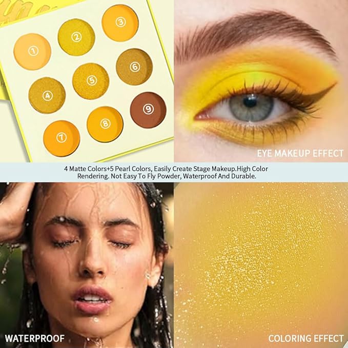 9-Color Yellow Gold Eyeshadow Palette–High Pigment Matte Shimmer Glitter Eyeshadow Palette in Warm Orange, Lemon & Brown Shades,Long-Lasting Waterproof, Blendable for Creative & Everyday Looks