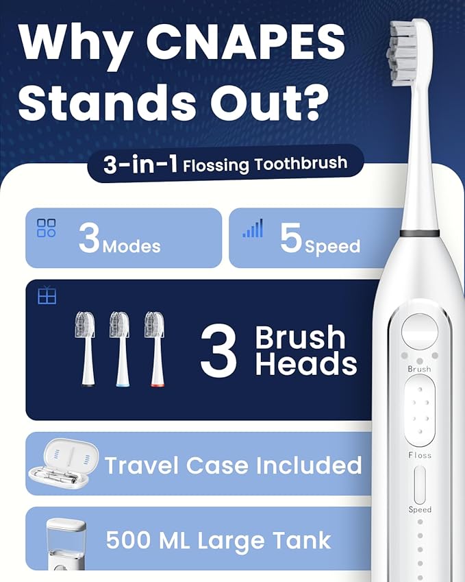 Electric Toothbrush with Water Flosser 3-in-1 Combo, Professional Sonic Toothbrush for Adults, 3 Brush Modes+5 Floss Speeds, Rechargable, 2.0 Flossing Toothbrush for Oral Care, Portable Travel Case