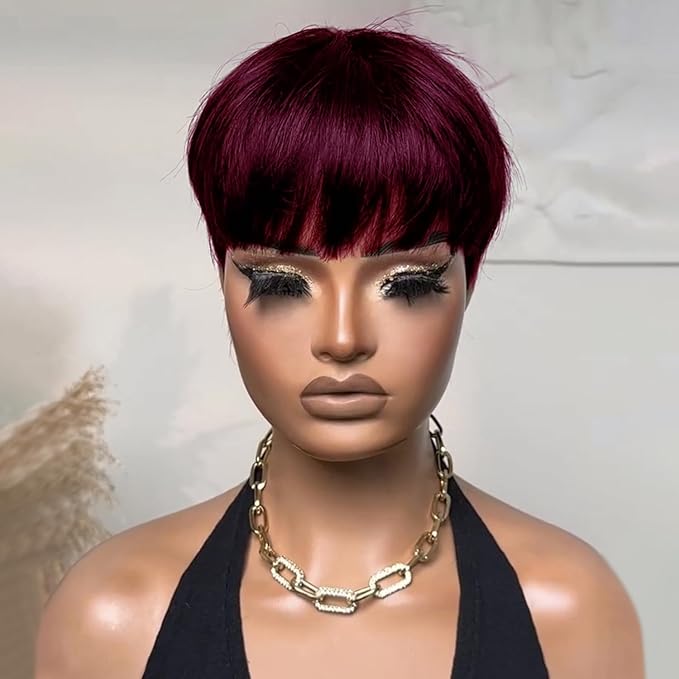 Short Pixie Cut Human Hair Wig for black women Burgundy Red Straight Human Hair Non-Lace front Wig with bangs full machine made 99J Colored Glueless Short Haircut Wig
