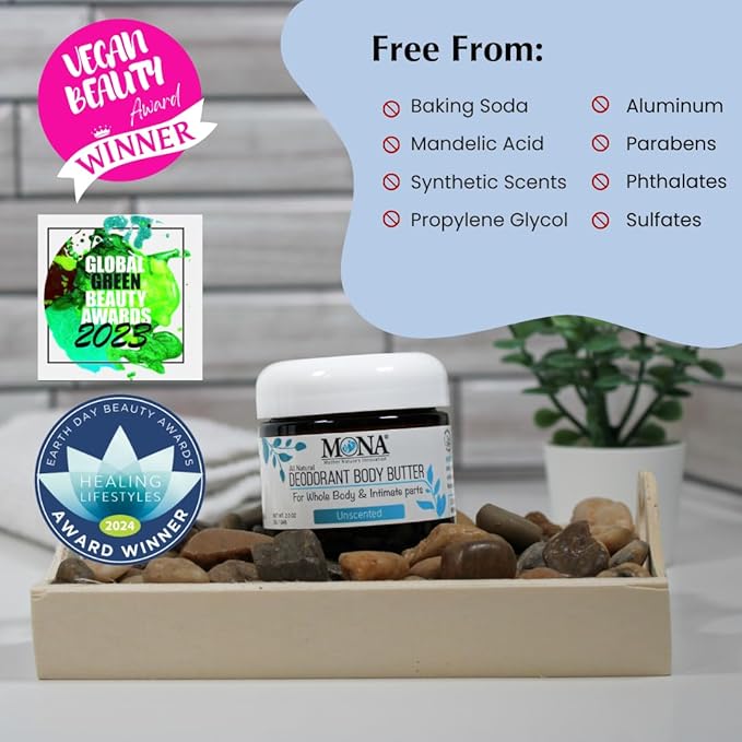MONA UNSCENTED All Natural Deodorant for Whole Body & Intimate Parts | Hypoallergenic & Safe for Women & Men with Sensitive skin | No Aluminum, Baking Soda or Synthetic Fragrance | Unscented, 2.0 Oz