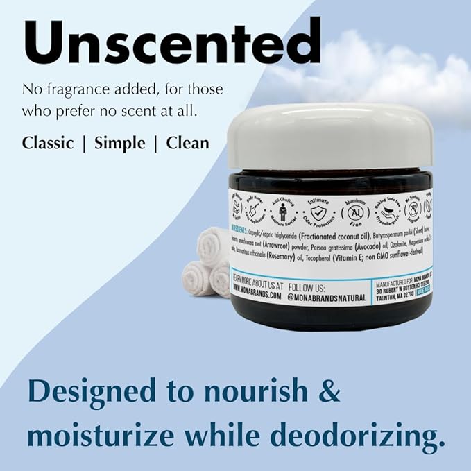 MONA UNSCENTED All Natural Deodorant for Whole Body & Intimate Parts | Hypoallergenic & Safe for Women & Men with Sensitive skin | No Aluminum, Baking Soda or Synthetic Fragrance | Unscented, 2.0 Oz