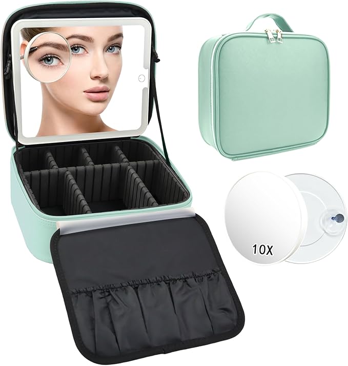 SLUMAZI Travel Makeup Bag with LED Mirror and 10x magnifying glass with 3 Lighted Settings, Adjustable Dividers and Makeup Brush Storage Bag Light Green