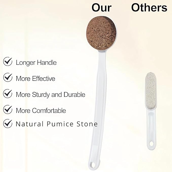 Curved Handle -13.7" Pumice Stone - Ergonomic Non-Slip Foot Scrubber for Shower - Easy Reach Callus Remover & Pedicure Tool for Cracked Heels & Smooth Feet